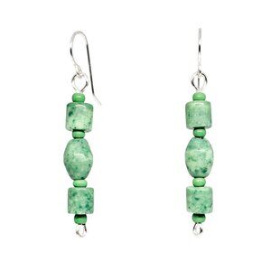 Green Garnet Gemstone Beaded Silver Tone Dangle Earrings Handmade Boho